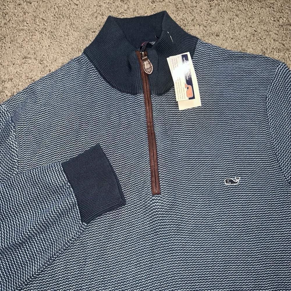NWT Vineyard Vines Mens Medium Honeycomb Quarter Zip Sweater Blue Cotton